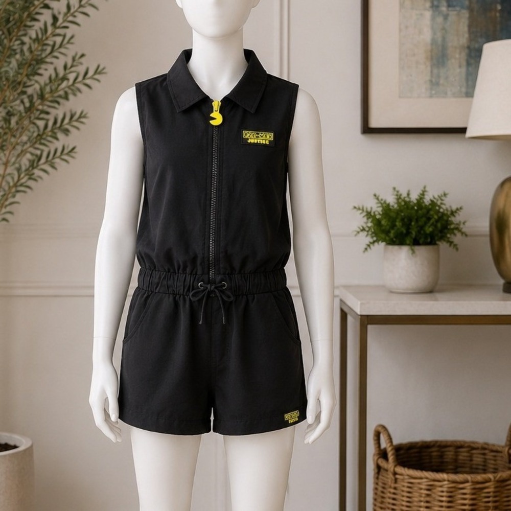 Justice Girls Romper Pac-Man Black Sleeveless Zip Front Graphic Logo L 12/14
